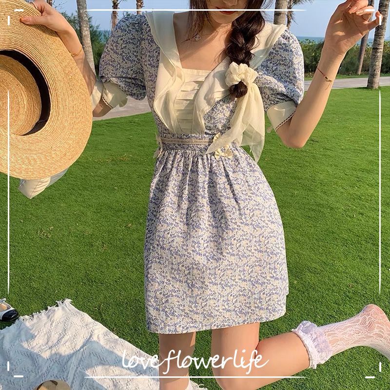 

Elegant Vingate Dress Women Short Sleeve Slim Floral Dress Chiffon Thin Kawaii Dress for Females Korean Style Summer Chic 210521, Yellow