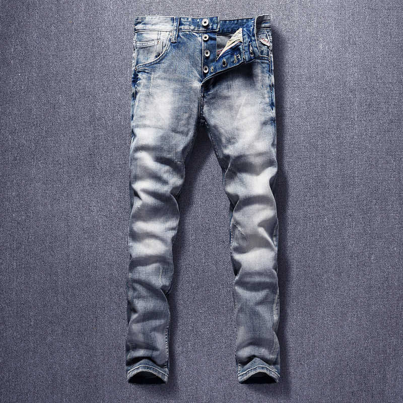 

Italian Style Fashion Men Jeans Light Blue High Quality Elastic Slim Fit Casual Denim Buttons Pants Vintage Designer Trousers