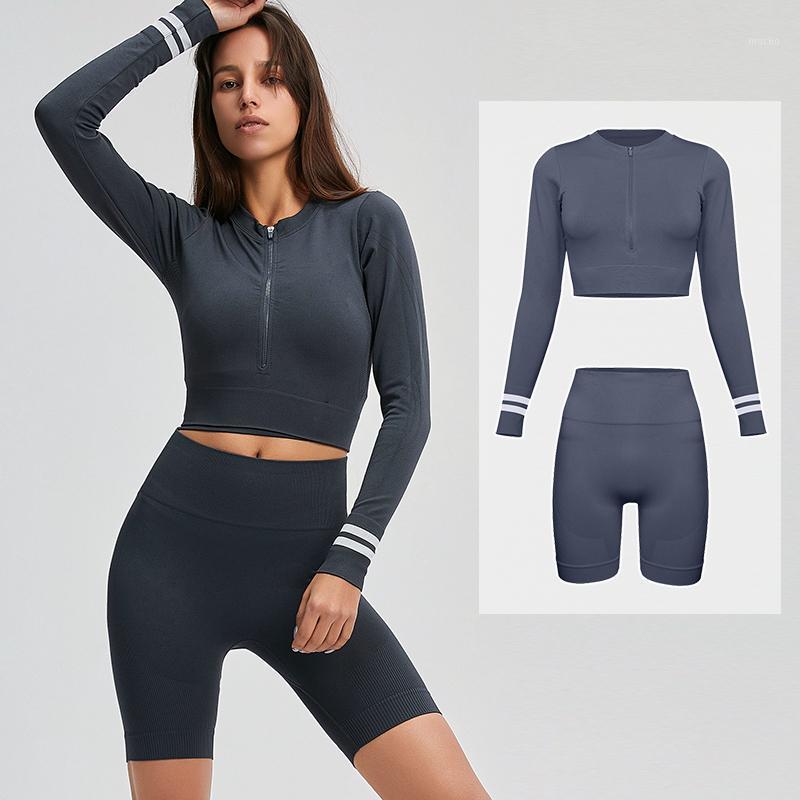 

Workout Clothes For Women Seamless Yoga Set Gym Clothing Fitness Running Shorts Long Sleeve Top With Zipper 2 Pieces Sports Suit Outfit, Brown