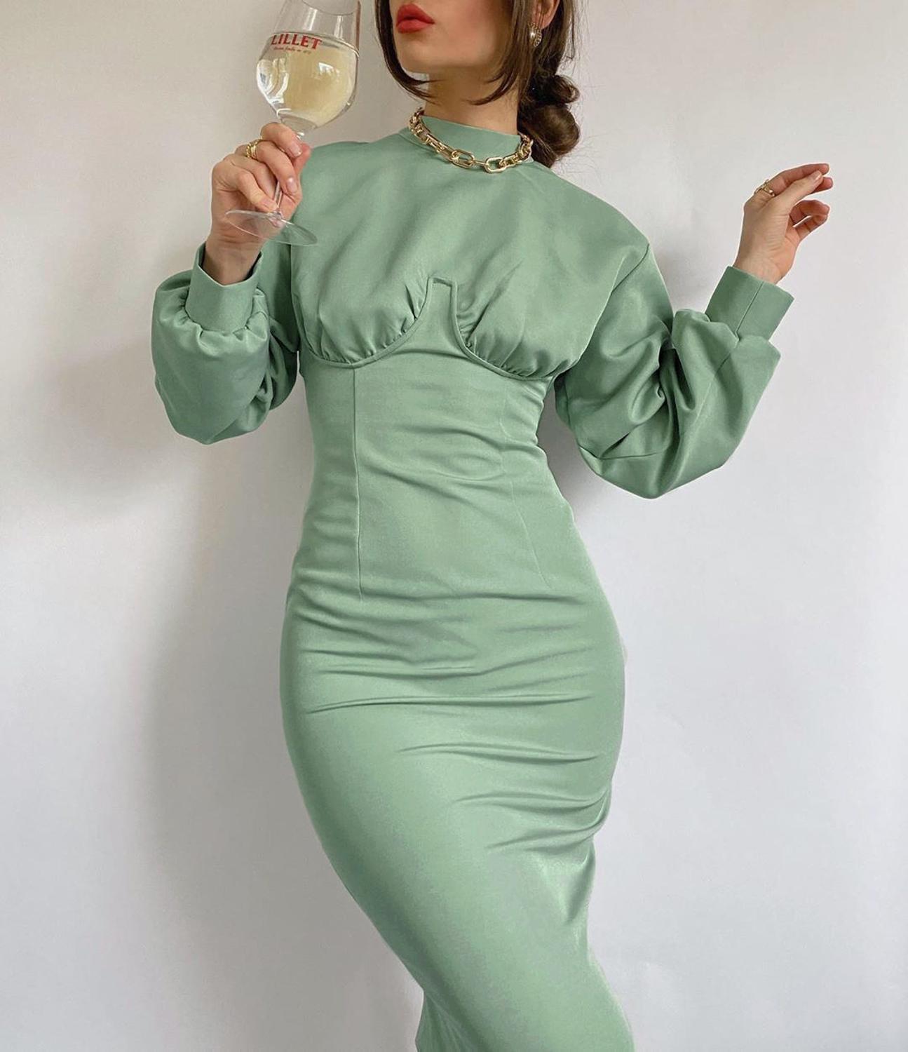 

Bodycon Long Sleeve Midi Dress Women Elegant Turtleneck Green Wrap Zipper Up Dress Winter Sexy Casual Party Dresses Vestido 210521