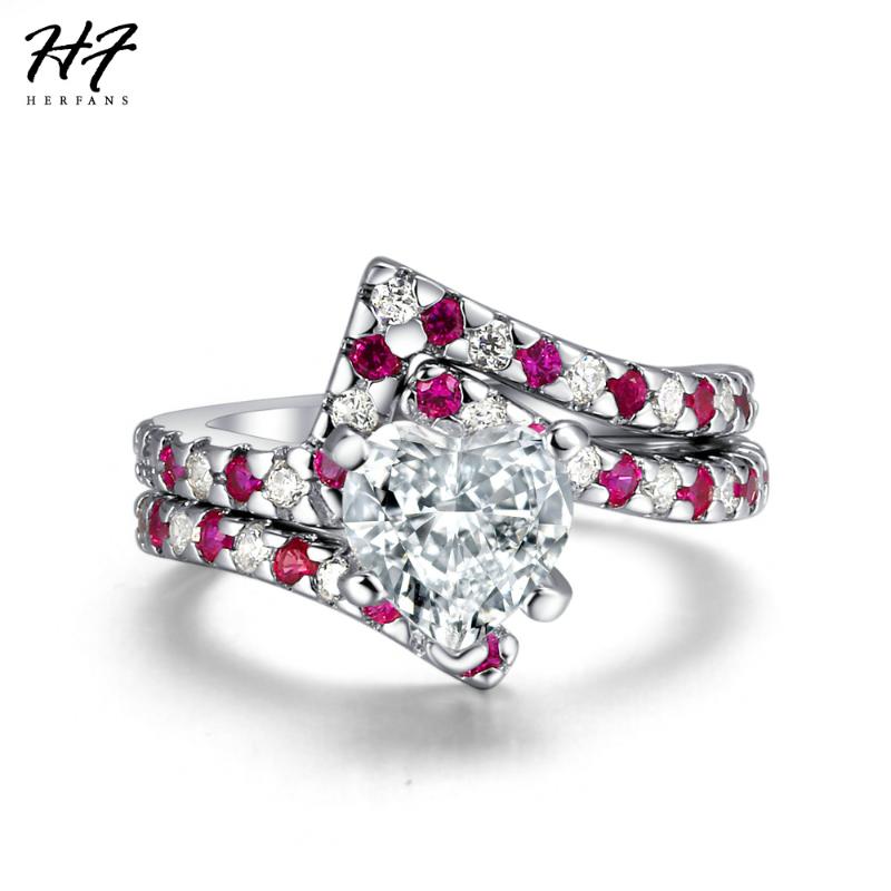 

Cluster Rings Lovely Heart-cut Cubic Zirconia Silver Color 2PCS Ring Sets Fashion Cocktail Party Jewelry For Women Girl Gift DD019, Golden;silver