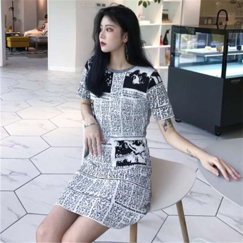 

Dresses trend Casual Summer English spaper print Pullover short sleeve waist dress A-line skirt for women, Picture color