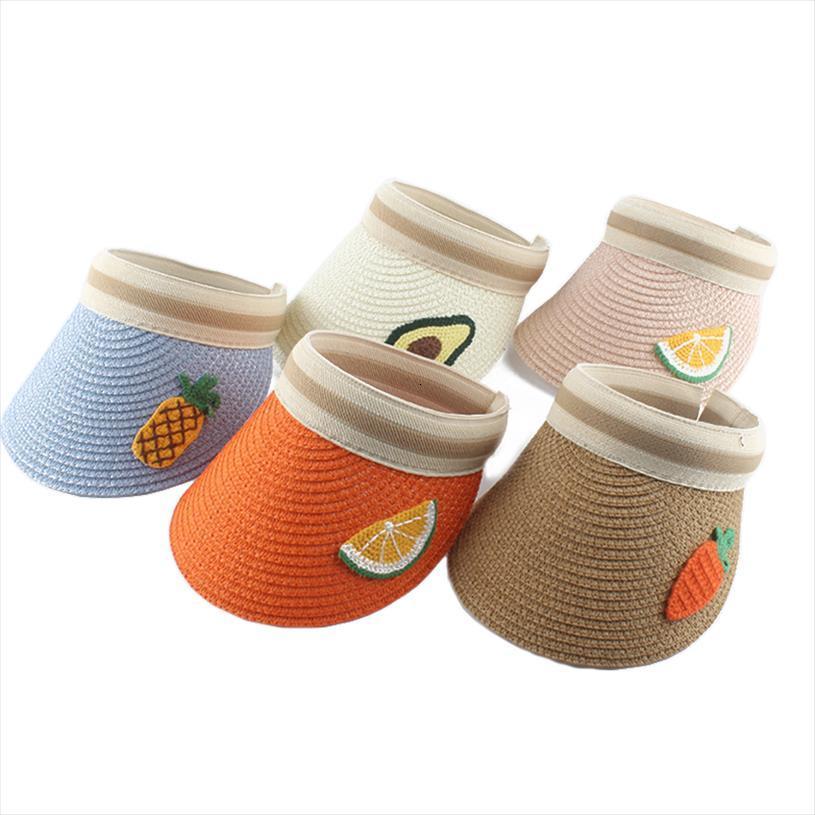 

children cartoon summer straw hat for kids boys girls fruit embroidery sun visor cap baby uv protection beach hats, Blue;gray