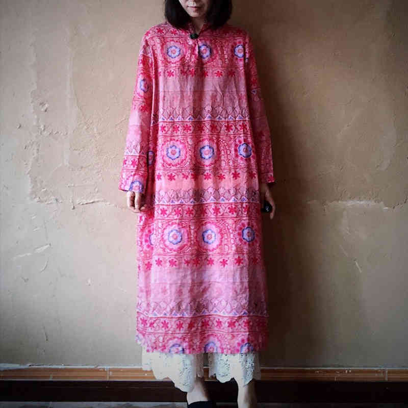 

Johnature Autumn Print Pink Color Ramie Dress Retro Vintage Linen Mandarin Collar Long Sleeve Women Loose Casual Dress 210521, Pink flower