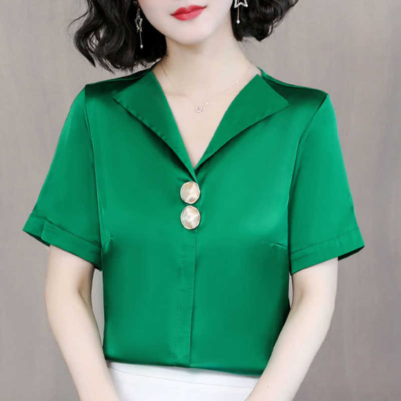 

Blouse Women V-neck Office Lady Blouse Women Tops Chiffon Blouse Shirt Summer Short Sleeve Women Shirts Blusas Mujer D194 210602, Green