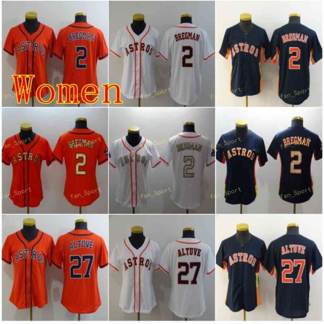 

Women 2 Alex Bregman Baseball Jerseys 4 George Springer 27 Jose Altuve Blue White Orange Gold Stitched Ladies S-2XL