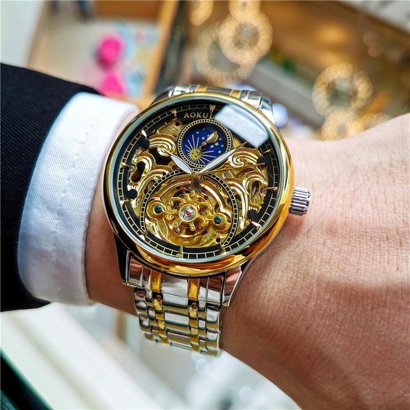 

Wristwatches AOKULASIC Automatic Mechanical Casual Watches Men Waterproof Stainless Steel Strap Hollow Design Tourbillon Man's Wristwatch, No.10