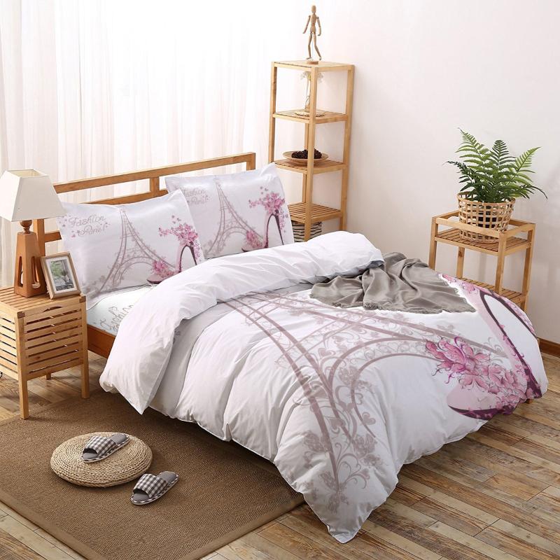 

Bedding Sets Pink Paris Tower High Heels Female White Set Duvet Cover Bed Printing Pillowcase Linen Queen Size Home Textile, As pic