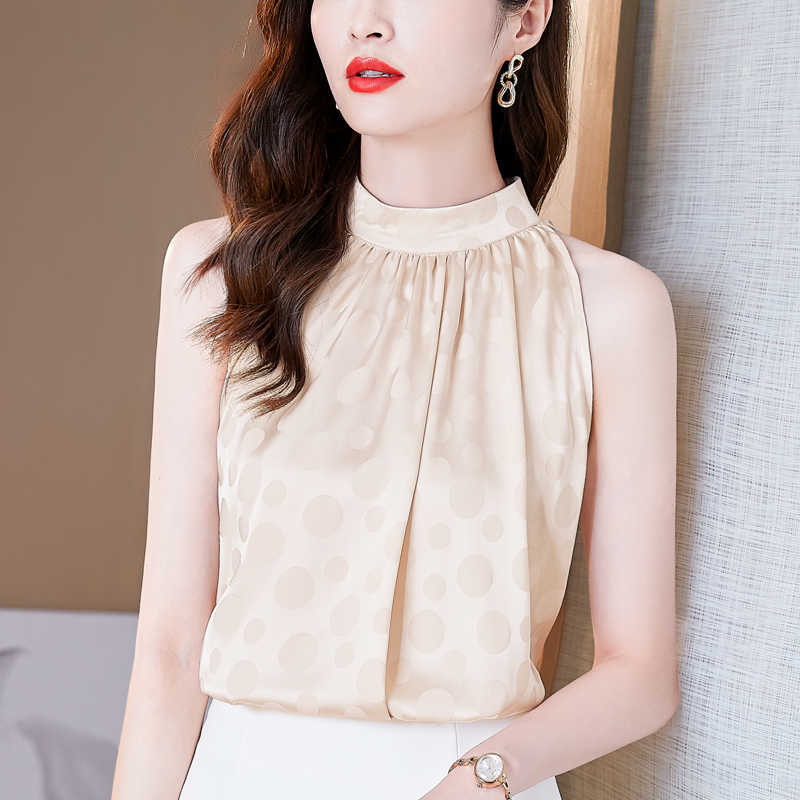 

Korean Summer Women' Shirt Satin Blouse for Women Sleeveless Solid White Halter Top Female Woman Basic  210604