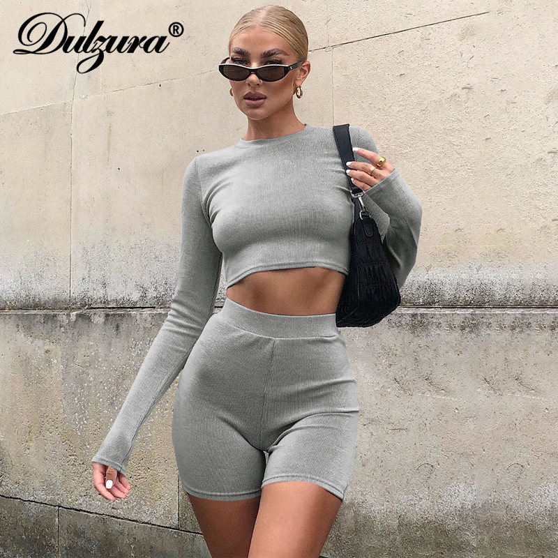 

ribbed women solid two piece set long sleeve crop biker shorts high waist bodycon streetwear tracksuit matchinghigh quality, Black;gray