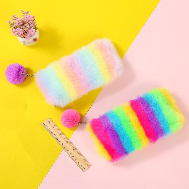 

Kawaii Creative Pencil Case Gradient Color Rainbow Cute Girl Plush Octagonal Pen Bag Student Simple Storage Cosmetic Bags & Cases, Purple