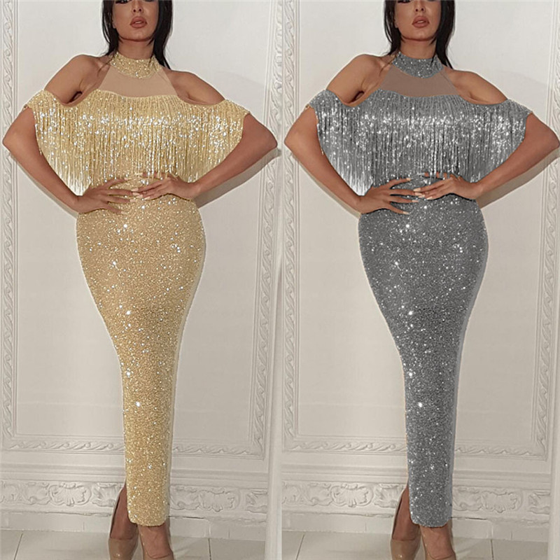 

Womens Desinger Sequins Patchwork Tassel Bodycon Dresses Halter Short Sleeve Casual Party Dresses Sexy Summer Vestidos De Verano, White;black