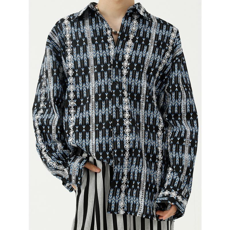 

Men's Casual Shirts 2021 Autumn Korean Style Fashion Shirt Men Geometric Patterns Design Long Sleeve Holiday High Street Loose Black Blue