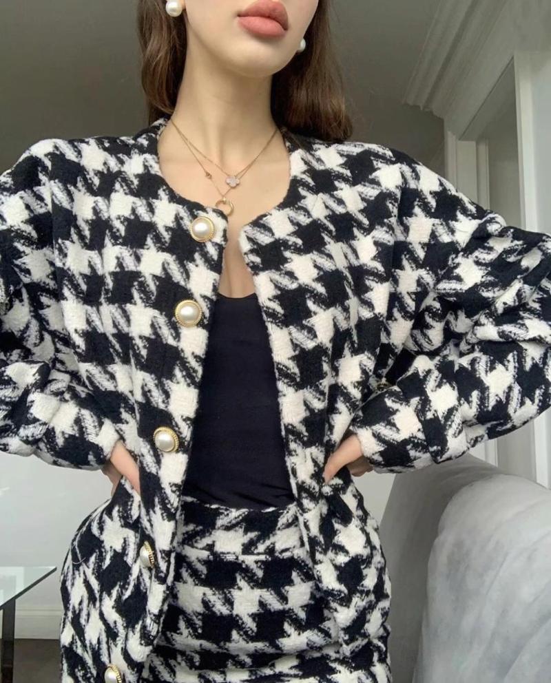 

Two Piece Dress Vintage High Waist Mini Short Skirts Long Sleeve Suitssweet Women Pearl Button Black Check Gingham Plaid Blazer 2 Pieces Set, White