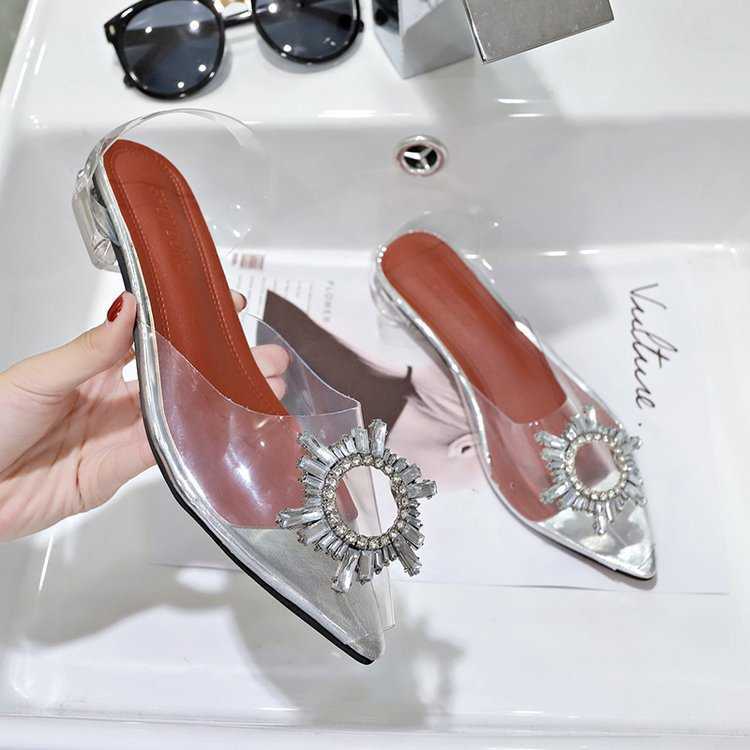 

Transparent sandals new sexy pointed rhinestone low heel crystal shoes wedge sandals flat sandals transparent heels clear shoes Y0721, Silver