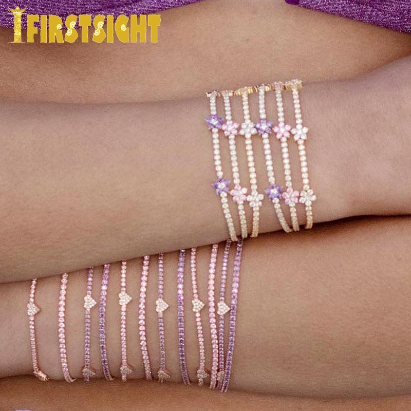 

Charm Bracelets Rainbow Colorful Daisy Flower Bracelet With Gold Color 2mm Tennis CZ Chain Pastel Women Fashion Jewelry, Golden;silver