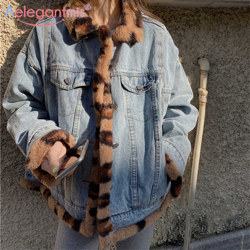 

Aelegantmis Leopard Patchwork Faux Fur Warm Double Side Oversized Denim Jacket Women Winter Female Jeans 210607, Sky blue