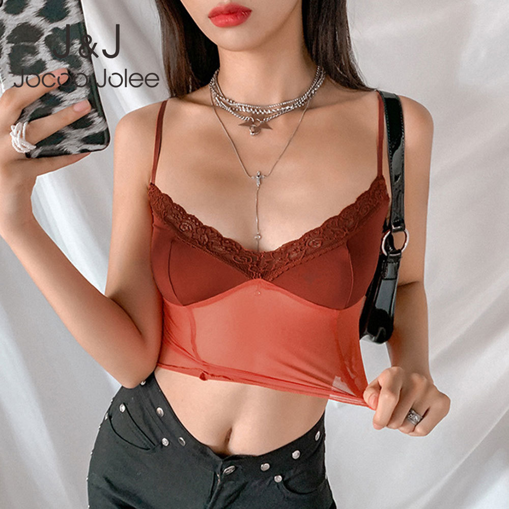 

Jocoo Jolee Women Summer Navel Lace Edible Sexy Slim Backless V-Neck Mesh Gradient Tank Top Tree Fungus Vest Party Club 210518, Blue