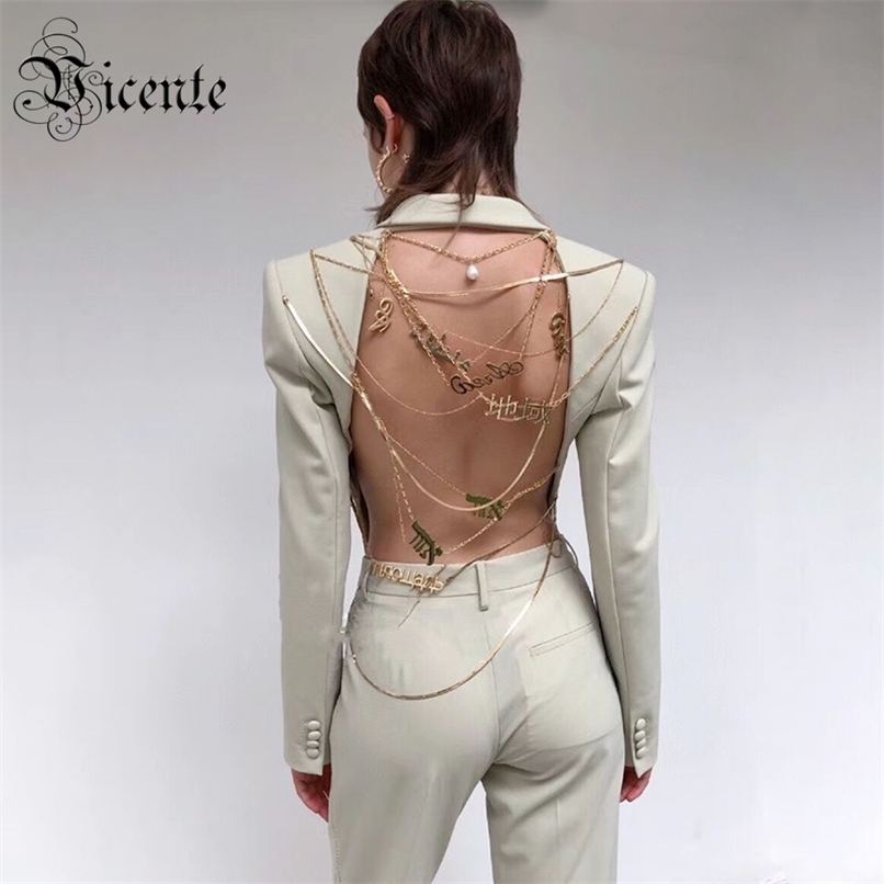 

Trendy Chains Design Sexy Backless Deep V Neck Long Sleeves Celebriy Party Club Women Blazer 210520, Light yellow