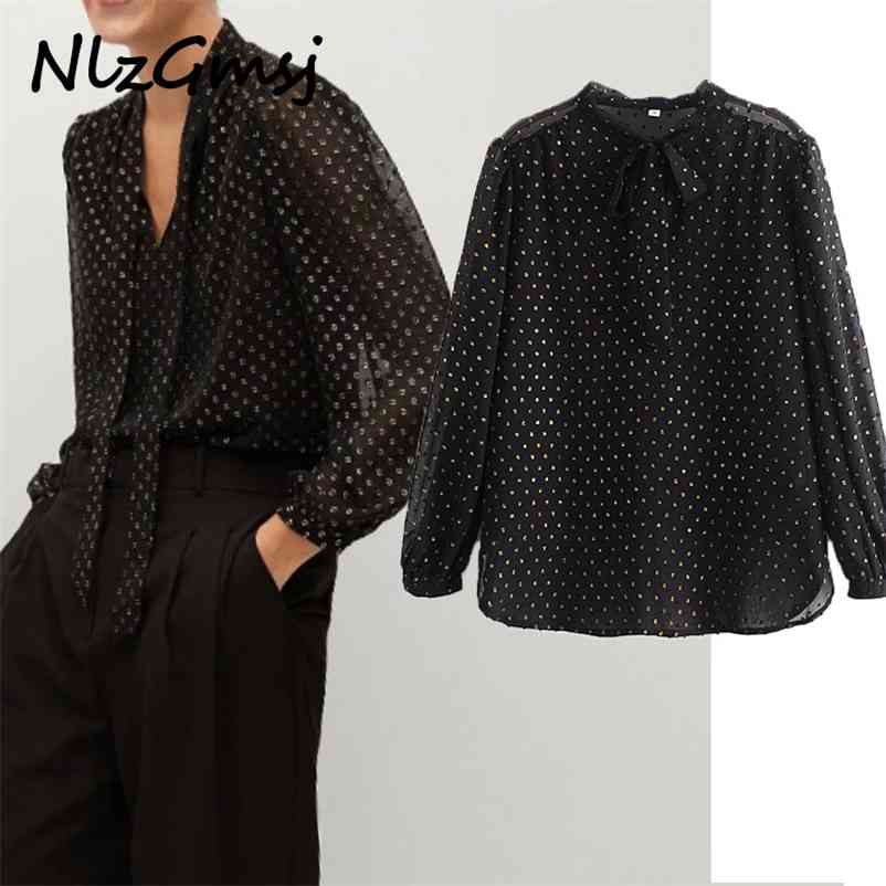 

Blouse Women Black Bow Print Button up Shirts Tops Summer Office Fashion Long sleeve Big size Woman 210628, As picture