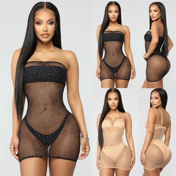 

Sexy Women Glitter Sequins Shiny Mesh Sheer See-through Bikini Cover Up Beach Mini Dress Club, Opp bag (not product)