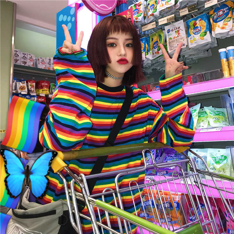 

Autumn Korea ulzzang Harajuku bf Tops rainbow stripes fashion casual long-sleeved tee street loose section O-neck women t-shirt 210608, Multicolor