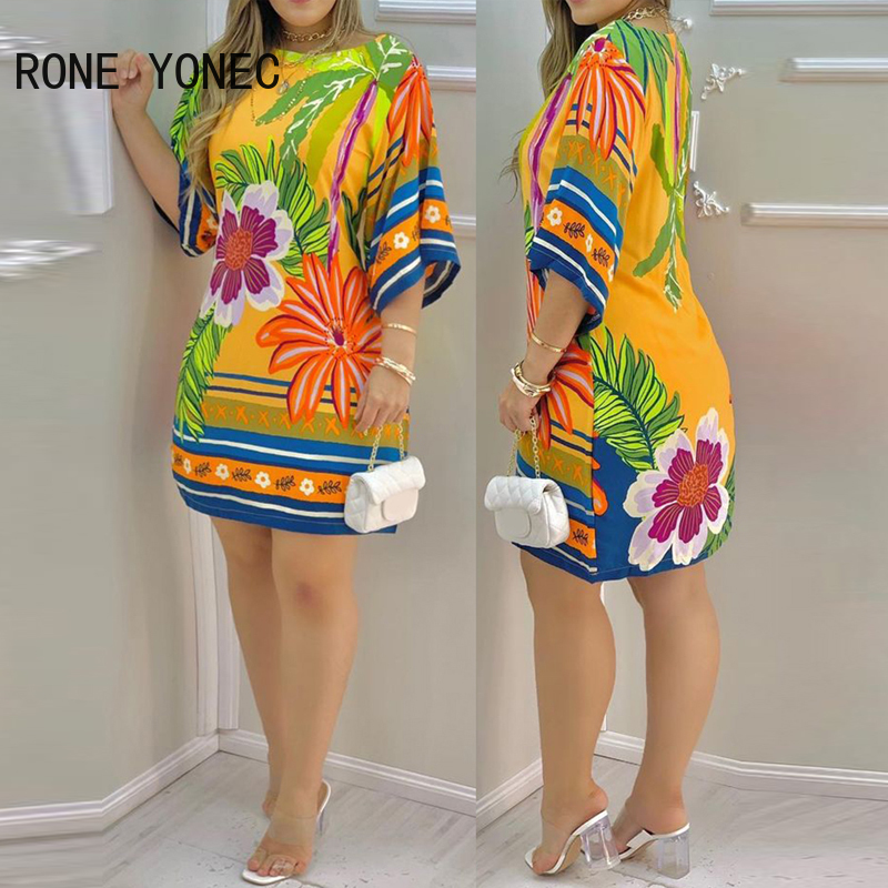 

Women Elegant Dress Tropical Print Half Sleeve Casual Dress Summer Dress, Yellow