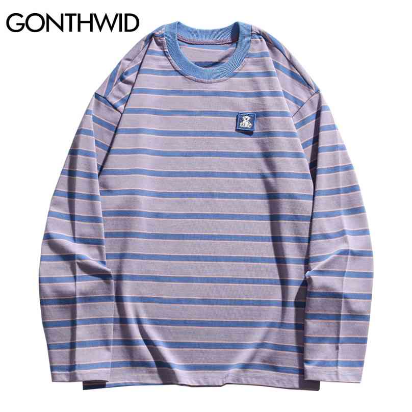 

T-Shirts Harajuku Cartoon Bear Patch Stripe Long Sleeve Tshirts Streetwear Hip Hop Casual Cotton Loose Tees Fashion Top 210602, Green