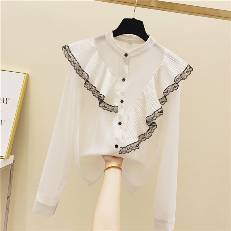 

Lace Ruffles Shirts For Women Autumn Fashion Women' Long Sleeves Shirt Ladies Girls Blouse Tops Birthday Gift A3722 210519, Beige