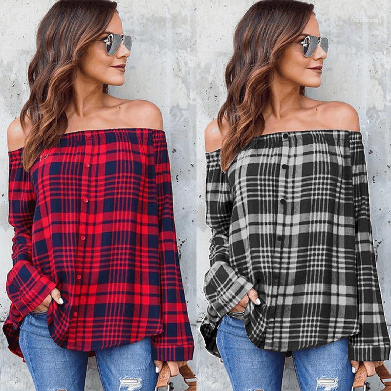 

Spring Women Plaid T-shirt Slash Neck Long Sleeves Single Breast Pullover Grid Printed Off Shoulder Blouse11