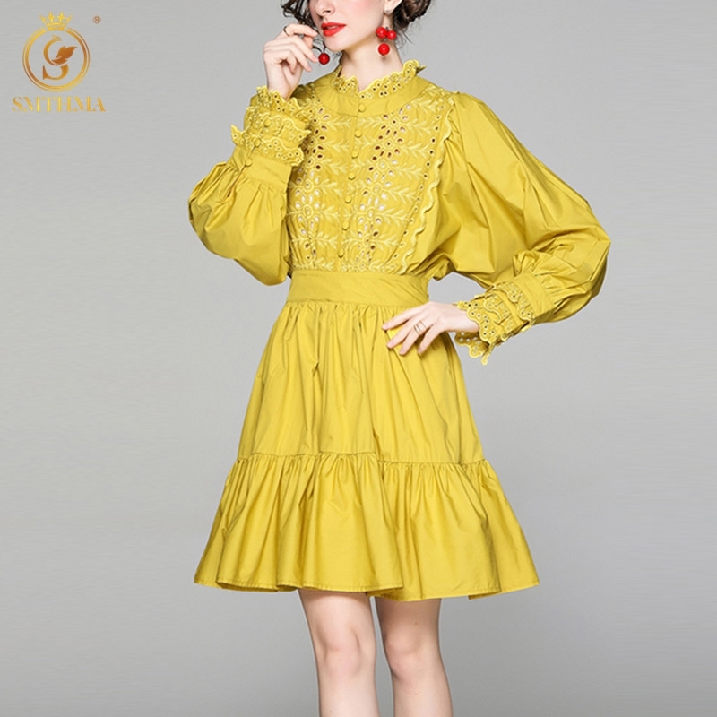 

Spring Lace Patchwork Mini Dress Luxury Single Breasted Flower Hollow Out A Line Women Party Vestidos 210520, Photo color