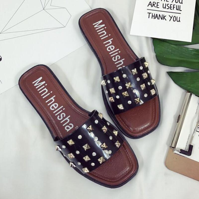 

Slippers Women Summer Flat Beach Female Rhinestone Rivets Non-slip Slipper Shoes Girls Fashion Leisure Footwear 2021 Xx158, Black