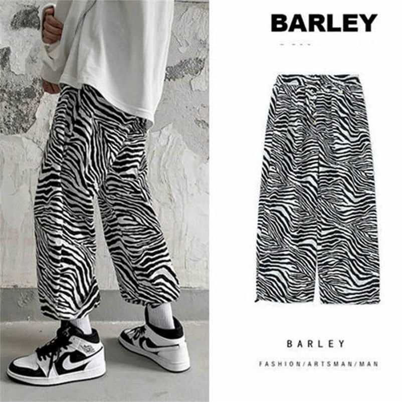 

Full print zebra pattern casual pants men's spring and autumn style Korean loose nine-point pants casual hip hop trousers 211108, White