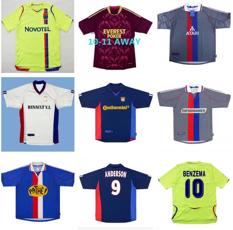

retro Olympique Lyonnais Lyon soccer jersey 00 01 02 08 09 10 11 Carriere BAK GOVOU LISANDRO GOURCUFF TOULALAN JUNINHO BASTOS BENZEMA MARLET, Black;yellow