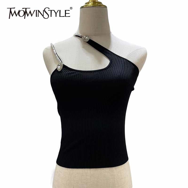 

Black Asymmetrical Vests For Women Skew Collar Sleeveless Patchwork Diamond Slim Tank Tops Female Summer Style 210524, White