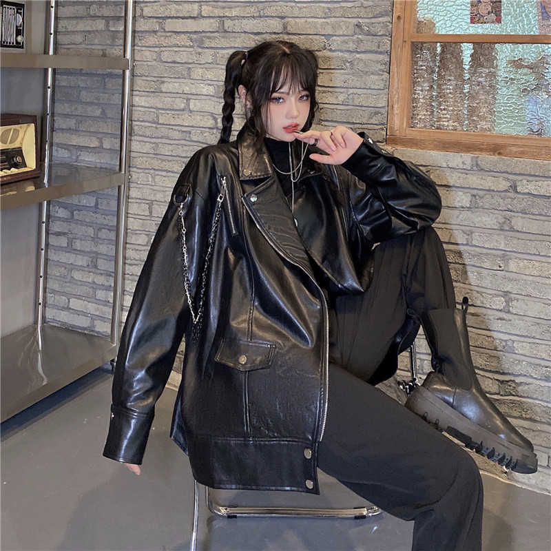 

Japanese Fashion Women Loose Leather Moto Jacket Chic Streetwear Long Sleeve Coat Outerwear Korean High Street Black Top 210604, Black leather jacket