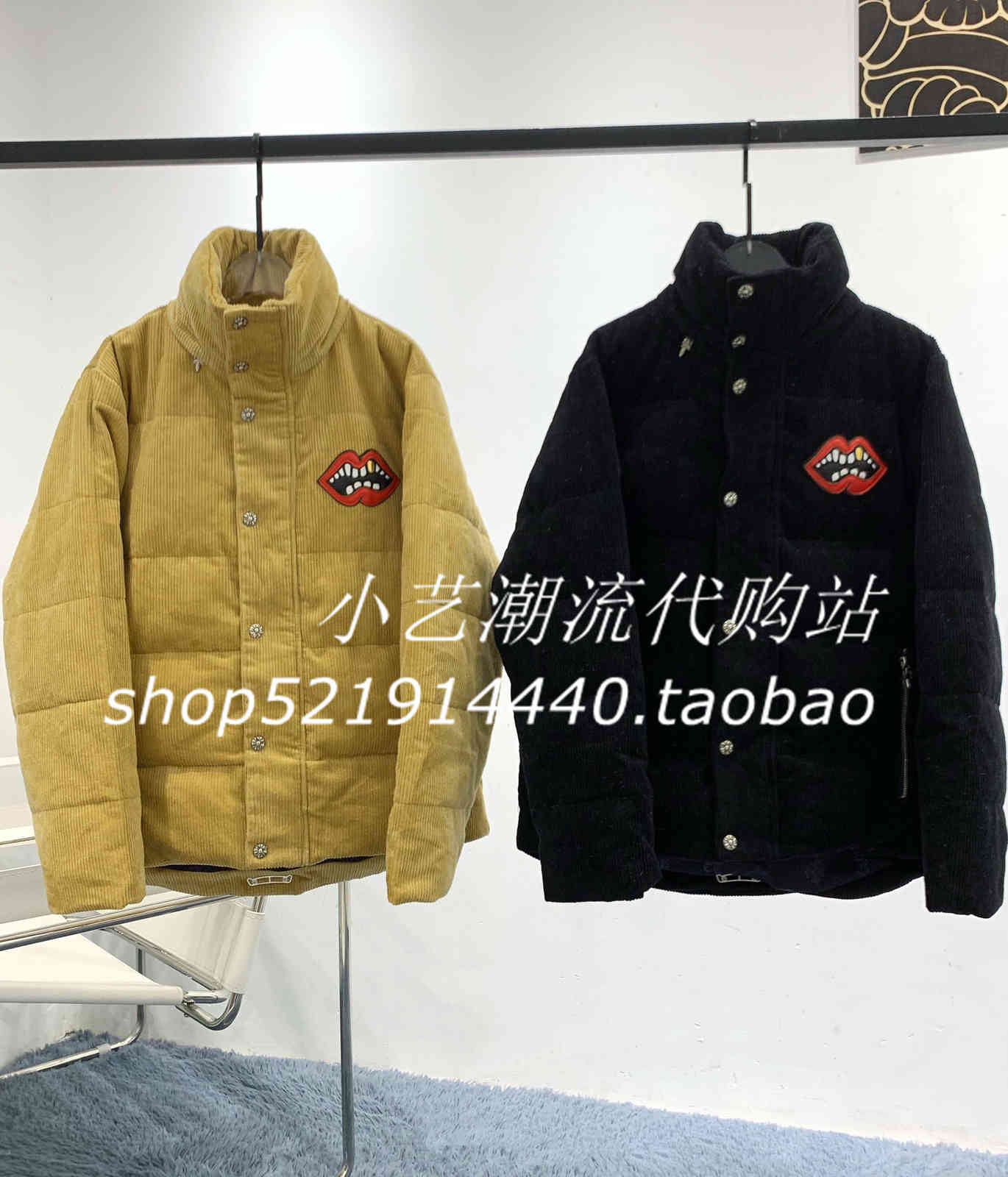 

Hearts Factory Wholesale Chrome red lips printed corduroy jacket men's and women's leisure down jacket fashion, Black;brown