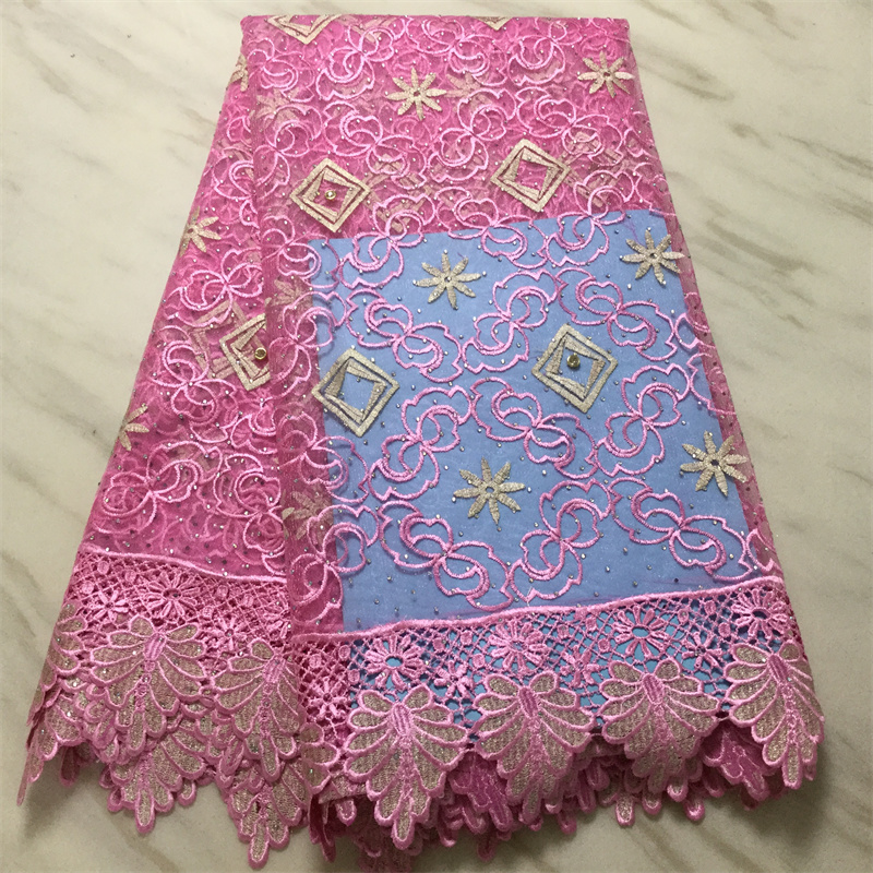 

5Yards/Lot Fashion Pink French Net Lace Fabric Embroidery Match Crystal African Water Soluble Mesh For Dressing PL31618