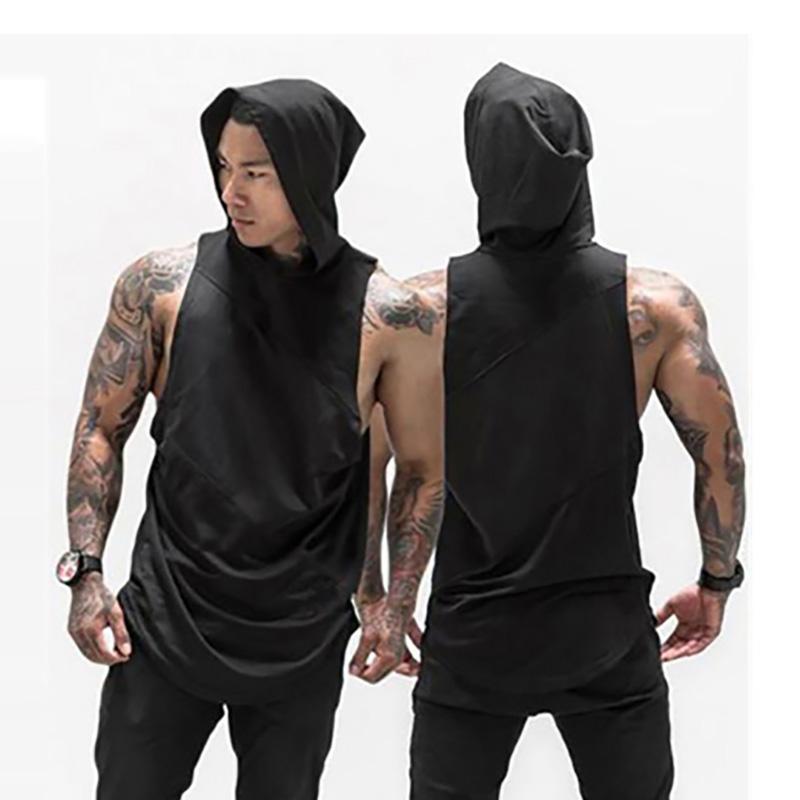 

Men's Tank Tops Stringer Men Gym Sleeveless Hooded Shirt Fitness Mens Workout Clothing Cotton Vest, White