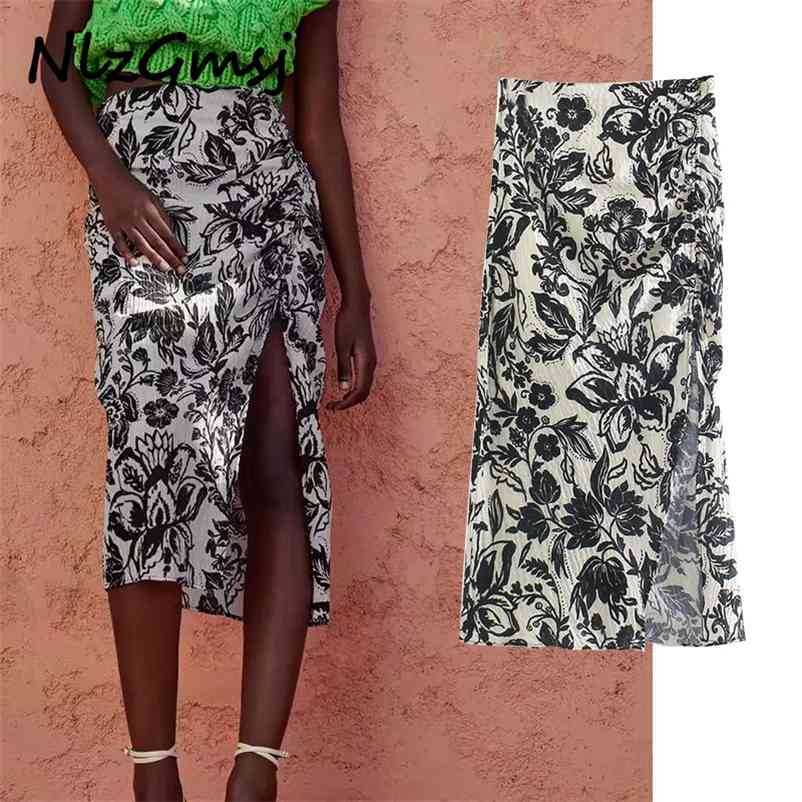 

Skirt Floral Print Midi Skirt High Waist Ruching Slit Hem Summer Woman Chic Vintage 05 210628, As picture