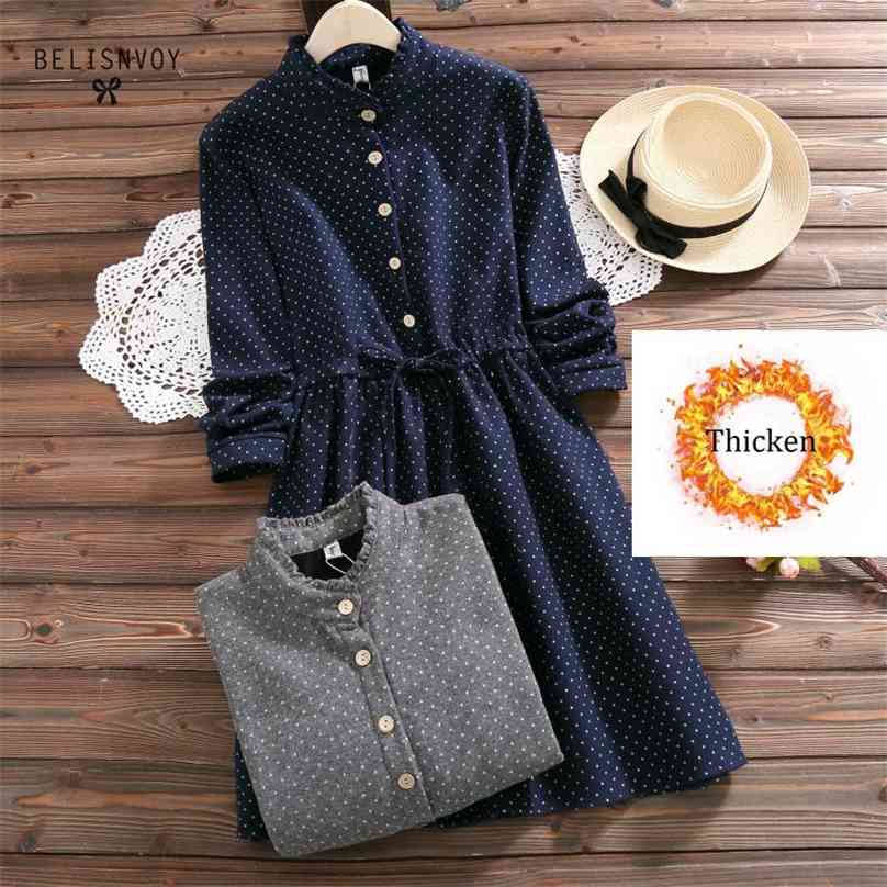 

Thicken Spring Autumn Mori Girl Women Dress Round Neck Dot Printed Full Sleeve Female Vestidos Gray Blue Casual Loose 210520, Navy blue