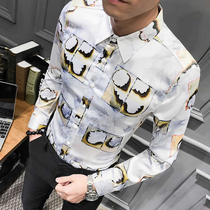 

England Flower Shirt Men Casual Slim Fit Shirt Long Sleeve Camisa Social Masculina Night Club Male Streetwear Shirt 210527, Black