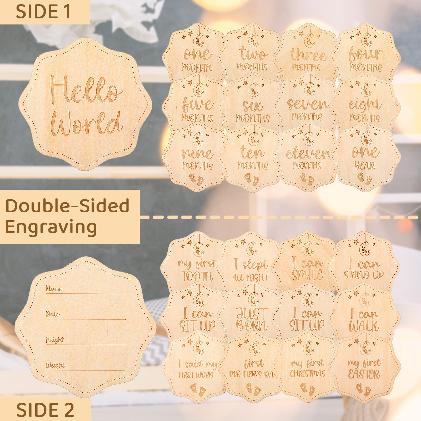 

Party Supplies Wooden Baby Milestone Cards Multifunctional Wood pieces Double Sided Blocks for Announcements