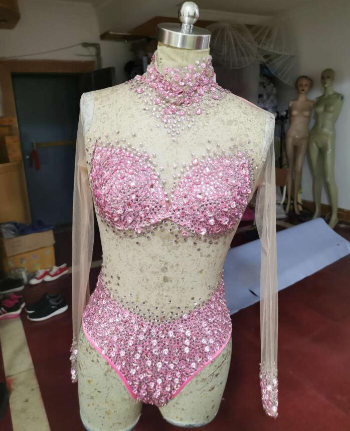 

Sexy Mesh Transparent Stones Bodysuit Birthday Party Outfit Rhinestones Rompers Women Singer Team Dance White Blue Costume, Pink