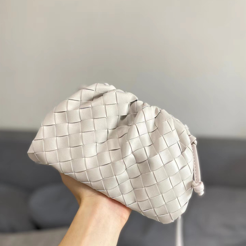 

Small Size Cloulds Handbags Luxury Design Weave Pouch Bag Genuine Leather Soft Clutch for Women with Leather Shoulder Strap, Beige