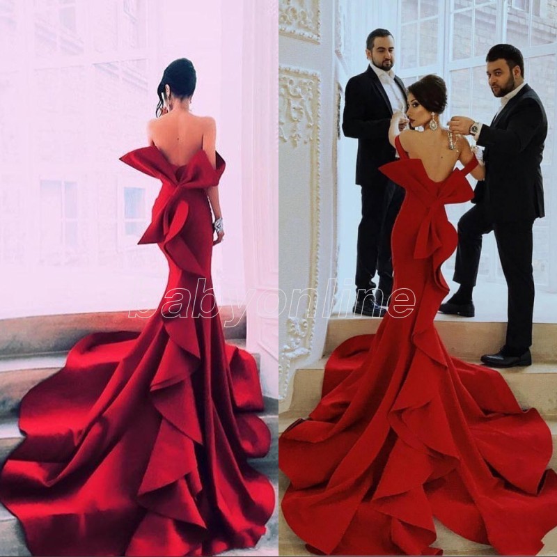 

Red Mermaid Portrait Fabulous Prom Dresses Sexy Off Shoulder Big Bow Backless Celebrity Party Gowns Dubai Satin Chapel Train Evening Gowns, Beige