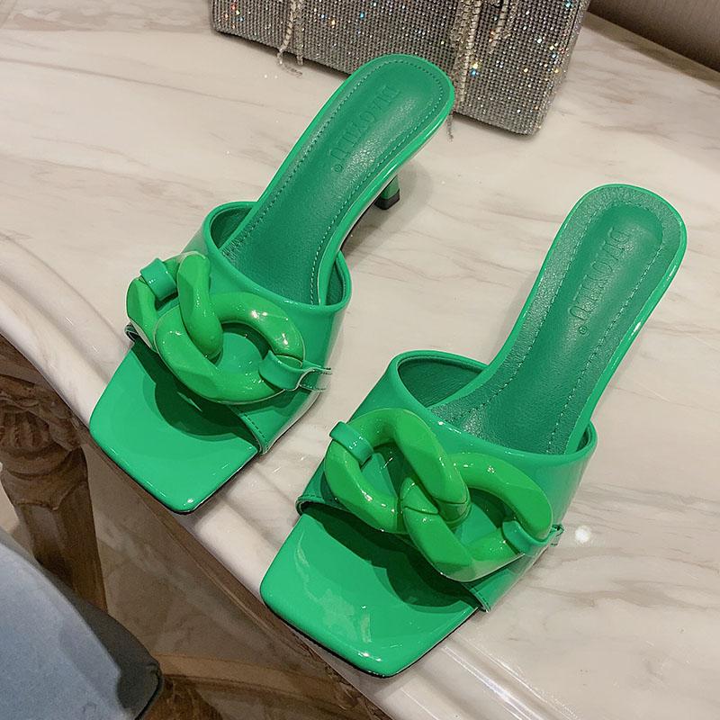 

Slippers 2021 Green Thin High Heel Slipper Open Toe Casual Dress Pumps Women Summer Sandal Shoes Female Fashion Brand Buckle Slide Ladies, Black