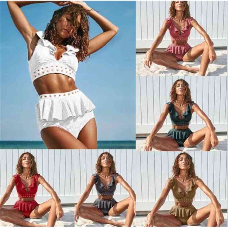 

Casual Dresses Deep V Ruffles Bikini set High Waist Padded bra push up sexy swimwear women Swimsuit female swimming bathing suit Two-Piece Suits N48S, Choose color in order