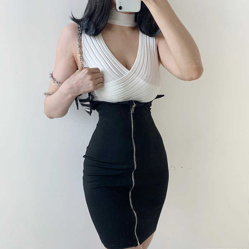 

WOMENGAGA Fashion Sexy Big Elastic Cross V Neck Short Knitted Vest Girl Female Tops Tank Solid Color korean M2GG 210603, Coffee