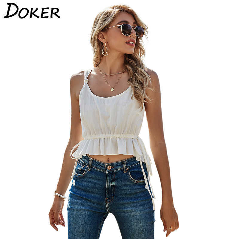 

Drawstring Slim Sexy Solid Color Tank Tops U Neck Broadcloth Navel Summer All-match Crop Top Casual Backless Sleeveless T-shirt 210604, White